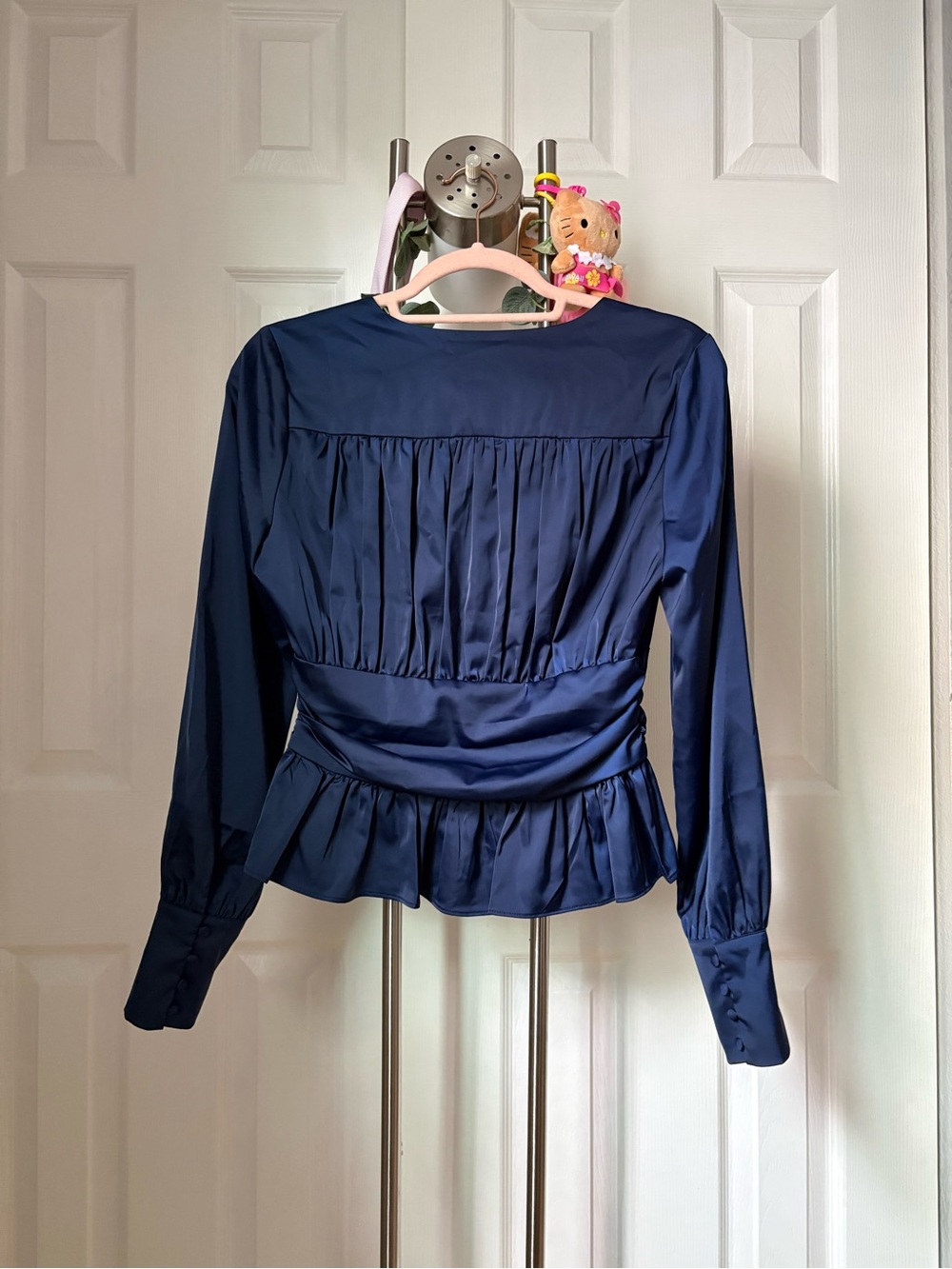 Jason Wu Navy Satin V-Neck Peplum Blouse - Picture 2 of 3